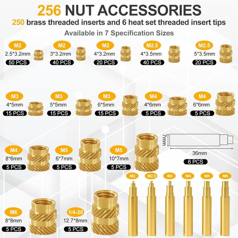 BILIPLE 90W Soldering Iron Heat Set Insert Tool, LED Digital Solder Iron Adjustable Temperature(180°C-480°C) with 250Pcs Threaded Inserts Brass Nuts, 6Pcs Heat Set Insert Tips for 3D Printing Projects - Image 2